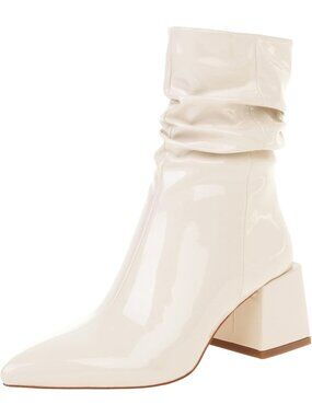 Women's White Leather Mid Calf Boots Chunky Block Heel Pointed Toe Ankle Boot